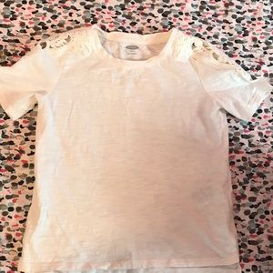 White tee shirt with lace on shoulder